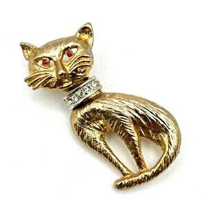 Vintage Kitty Cat Rhinestone Collar Red Crystal Eyes Brooch Gold Tone Sku 2